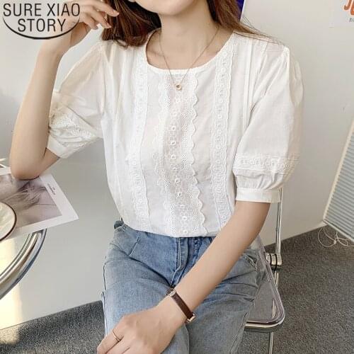 Sweet Chic Hook Floral Hollow Blouse Blouse Embroidery Shirt New Summer 2021 O-neck Shirt Cotton Women Tops White Causal 14602
