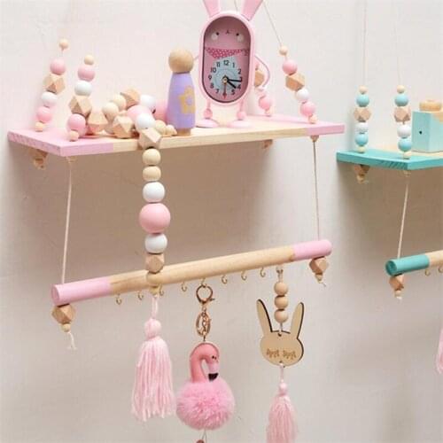 Nordic Kids Room Decorative Storage Rack Double Wooden Beads Shelves Wall Rope Hanging Shelf Home Hook Kids Coat Rack Ornament
