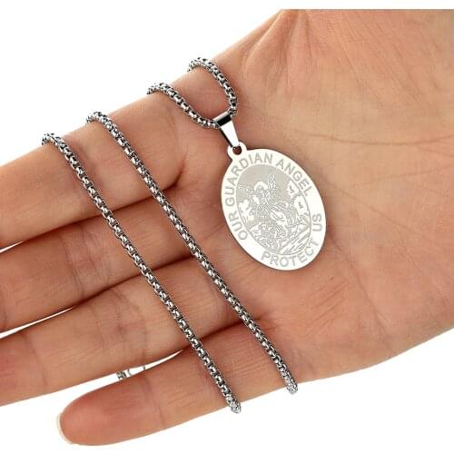 QIAMNI Handmade Stainless Steel Guardian Angel Protect Me Pendant Necklace For Women Bohemia Vintage Jewelry Charm Men Gift