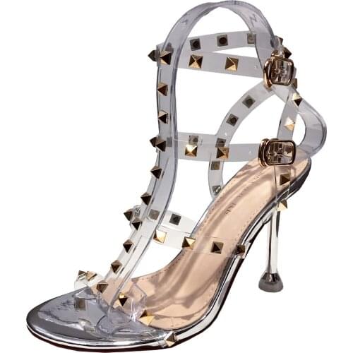 Sandals Women Summer High Heels Transparent With Rivets 2021 Summer New Stiletto Fashion Roman Personality Womens Shoes