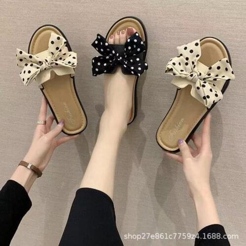 Womens Sandals Summer 2021 Korea Fashion Bow-Knot Comfortable Breathable Casual Ladies Flat Shoes Black Beach Female Slippers