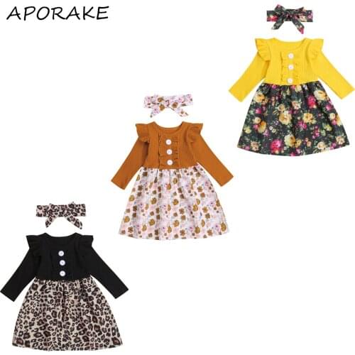2021 0-5Y Spring Fall Baby Girls Long Sleeve Dress with Bow Headband Leopard/Flower Print Ruffle Decoration High Waist Sundress
