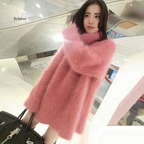 Oversized Loose Faux Mink Velvet Turtle Neck Pullover Hairy Sweater Long Knitted Long Sleeved Shirts Rabbit Dress Plush Tops