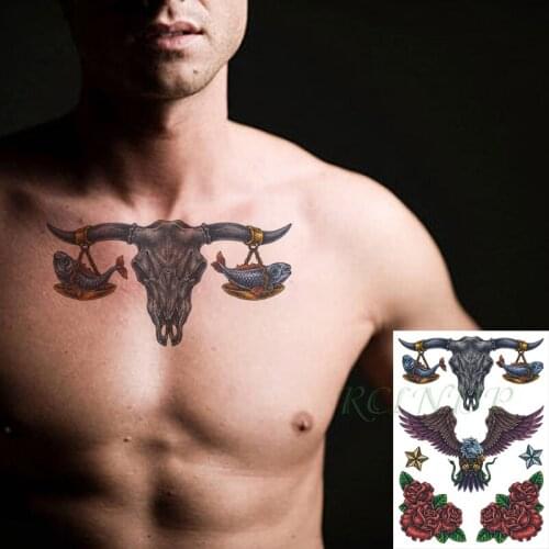 Waterproof Temporary Tattoo Sticker Skull Sheep Head Horn Star Eagle Snake Red Rose Flash Tatoo Fake Tatto Art for Men Women