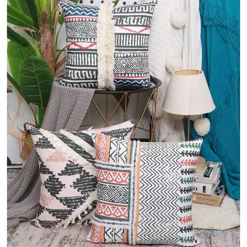 Moroccan Tufted Pillowcase Style Geometric Printing 45*45CM Cushion Cover Living Room Sofa Waist Cushion Tassel Cushion