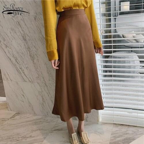Korean Soft Satin Skirts Women Office Ladies High Waist Zipper Female A-line Skirt Mid-length 2020 Spring Falda Mujer 9940