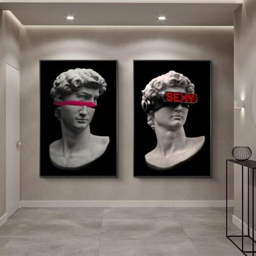 Funny Sculpture of David with VR Glasses Wall Art Canvas Posters and Prints Abstract David Canvas Paintings Wall Decor Pictures
