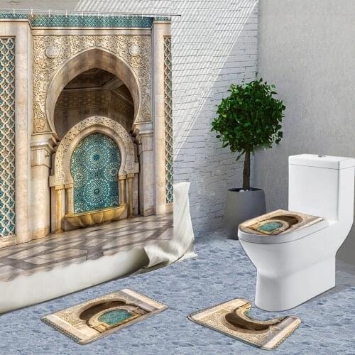 Moroccan Style Door Shower Curtains 4pcs Sets 3D Luxury Gate Bathroom Curtain Bath Mats Rug Toilet Cover Pad U-Shaped Pad Carpet