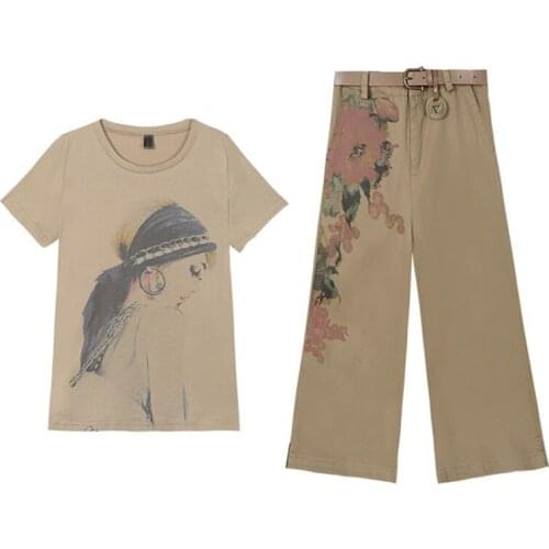 2 Piece Set Tracksuits Women Loose Casual Streetwear Cartoon Print Short Sleeve T Shirt Calf Length Wide Leg Pants Sets Outfits