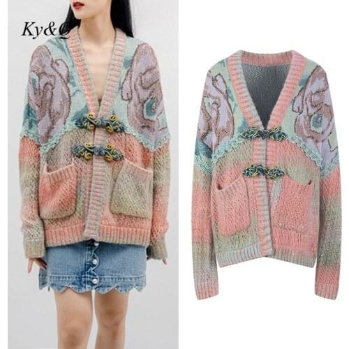 Vintage Luxury 2021 Autumn Winter V-Neck Jacquard Chinese Buckle Pocket Knitted Cardigan Long Sleeve Womens Loose Sweater Coat