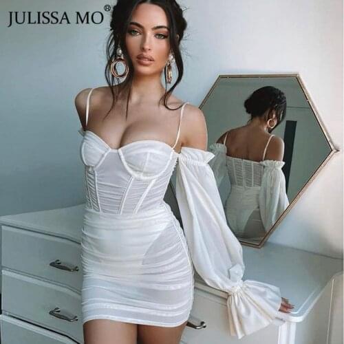 Julissa Mo Spring Mesh See Through Sexy Dress For Women 2021 Long Puff Sleeve Off Shoulder Party Dresses Black Bodycon Vestidos