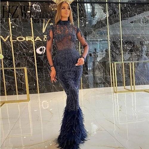 High Neck Sheer Top Lace Applique Feather Mermaid Evening Dresses Dark Blue Zipper Back Floor Length Prom Gown Party Wear