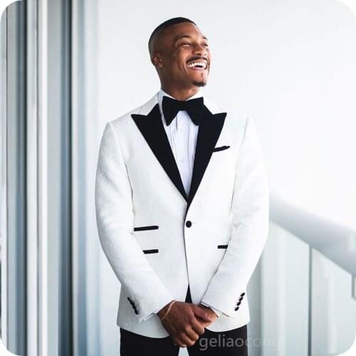2020 White Jacquard Jacket and Black Pants Slim Fit Wedding Tuxedo Custom Made Groom Party Suits Costume Homme Best Man Blazer