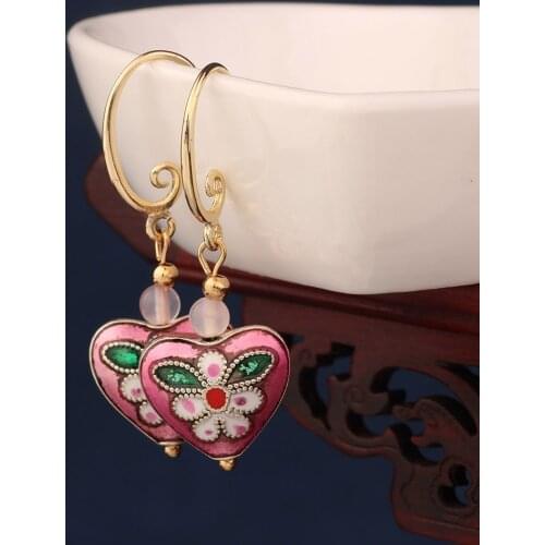 Ethnic pink heart flower cloisonne earrings vintage green drop earrings for women and girl jewelry серьги