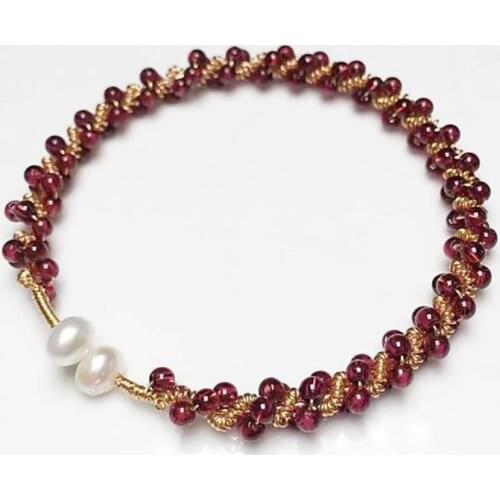 FYSL Light Yellow Gold Color Geometric Shape Garnet Stone Bangle for Women with Pearls Jewelry