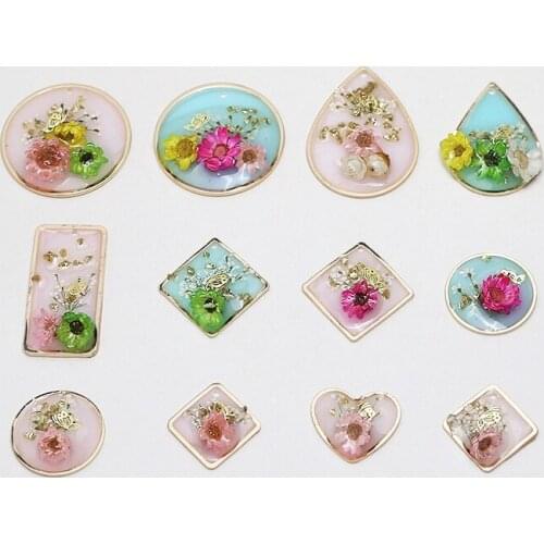 Geometric round water drop inlaid eternal flower dried flower resin with hole pendant diy handmade jewelry earrings accessories