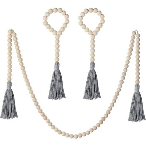 3 Pack Wood Bead Garland with Cotton Tassel, Rustic Wooden Bead Decor, Farmhouse Home Wall Hanging Decoration