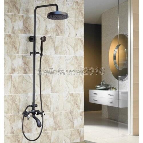 Classic Rain Shower Faucet Set Black Oil Rubbed Bronze Finish Wall Mounted Bathroom Tub Mixer Tap + Handheld Spray lhg117