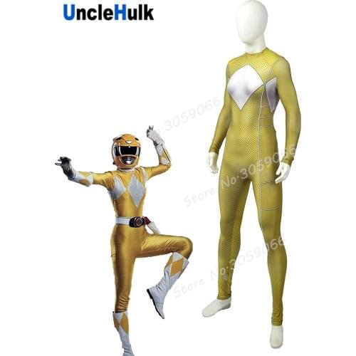 Mighty Morphin Rangers Yellow Tiger Ranger Spandex Zentai Halloween Cosplay Costume | UncleHulk