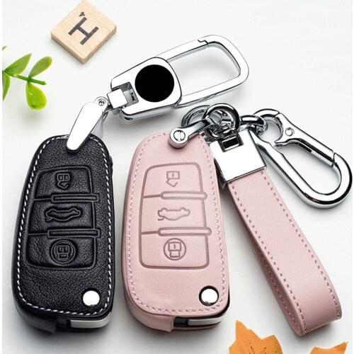 Leather Car Key Fob Cover Protector Case For Audi A3 A4 A5 C5 C6 8L 8P B6 B7 B8 C6 RS3 Q3 Q7 TT 8L 8V S3 Keychain Accessories