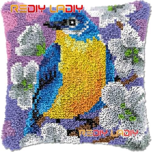 Latch Hook Cushion Bird in Flowers DIY Needlepoint Kits Chunky Acrylic Yarn Arts Crocheting Lofty Pillow Case Hobby & Crafts