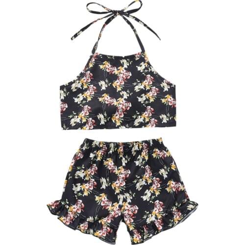 Girl’s Summer Two Piece Set Fashion Floral Halter Cropped Camisole and Elastic Short Pants