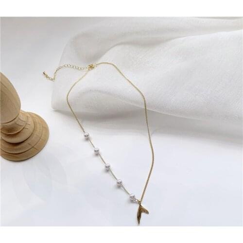 Fashion Pearl Metal Asymmetric Chain Mermaid Fish Tail Fin Pendent Necklace Korean Necklace for Women Girls Collar Jewelry Gift