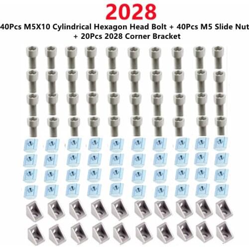2028 Aluminum Profile Connector Set: 40Pcs M5X10 Cylindrical Hexagon Head Bolt + 20Pcs 2028 Corner Bracket + 40Pcs M5 Slide Nut