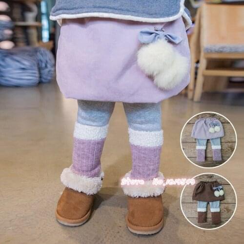 New winter fashion kids clothes girls warm pants with skirt 2-5 years childrens clothing Lamb Wool knitting spliced plush ball
