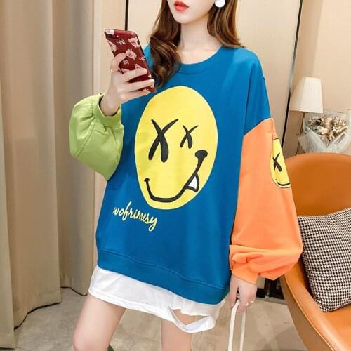 Autumn Spring Thin Korean Loose Oversized Hoodie Women Fake Two Piece Hoodless Top Women Print O-neck Sweatshirt Women