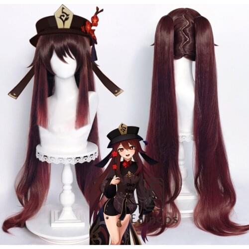 HuTao Cosplay Wig Genshin Impact Women 110cm Long Brown Hair Anime Cosplay Halloween Heat Resistant Synthetic Wigs