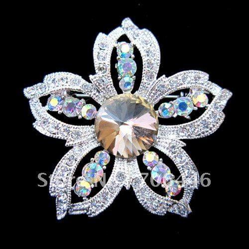 Silver Plated Zinc Alloy and Crystal Flower Pin Brooch