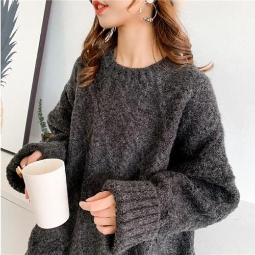 [ZAYAU]Lazy Wind Thick Thread Twist Round Neck Pullover Large womens Winter New Thickened Loose Medium Length Sweater2021