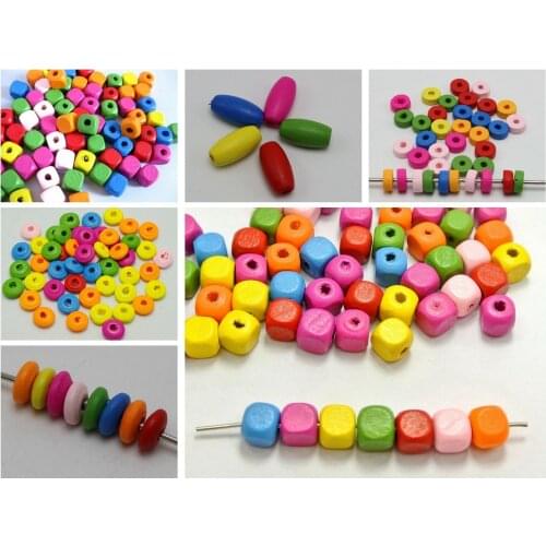 Craft DIY Mixed Bright Candy Colour Wood Beads Spacer Various Shape Cube Oval