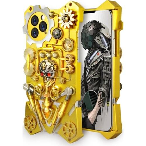 Luxury Armor Metal Aluminum pure copper Cover For iphone 11 PRO MAX case mechanical gear purely handmade Skull Phone shell