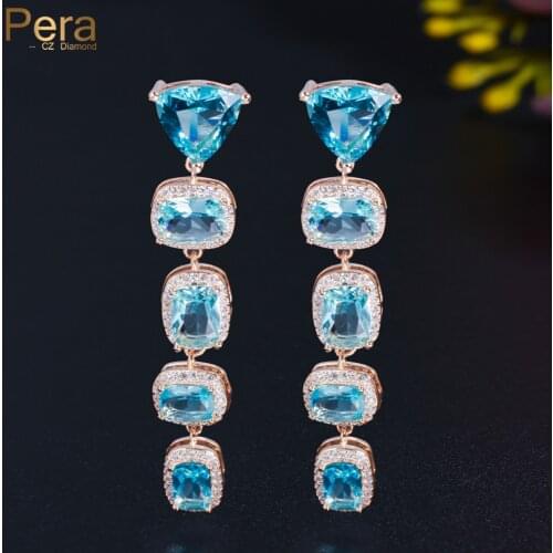 Pera Noble Light Blue Cubic Zirconia Gold Plated Prom Jewelry Long Tassel Geometry Shape Dangle Drop Earrings for Women E784