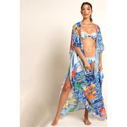Blue Boho Printed Bikini Cover-ups Long Kimono Cardigan Cotton Tunic Plus Size Women Summer Beach Wear Swim Suit Cover Up Q1059