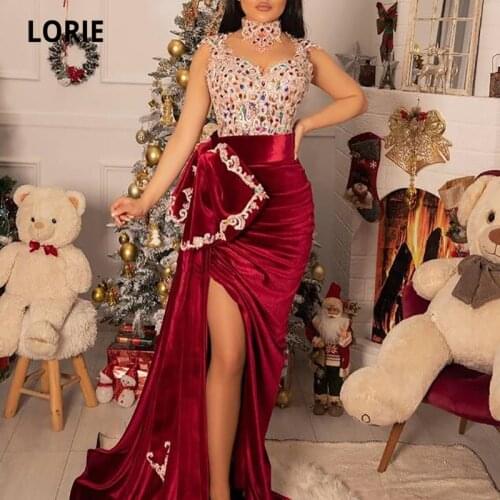 LORIE Arabic Evening Dresses 2021 Beaded with Rhinestones Burgundy Side Split Formal Long Mermaid Prom Gown Velvet Party Dress