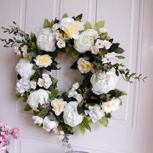 White Peony Wreath Christmas Wreath Door Wall Hanging Ornament Rattan Round Garland Decoration Artificial Flower Fake Flower