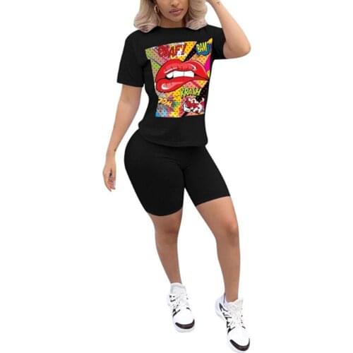 Two Piece Set Women tracksuit Summer Short Sleeve Top and Shorts set Lip Mouth Print Streetwear Fitness Workout 2 Piece Set