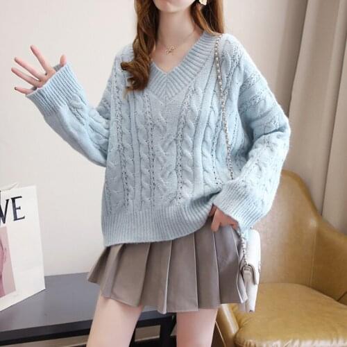 TIGENA Warm Pullover Sweater for Women 2021 Autumn Winter Korean Solid V-neck Loose Long Sleeve Knitted Jumper Female Tops Pink