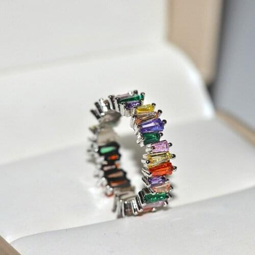 Hot sale T Shape colorful zircon Stone Ring Luxury Baguette AAA Cubic Zircon Bridal Ring Charms For Women Wedding Finger Jewelry