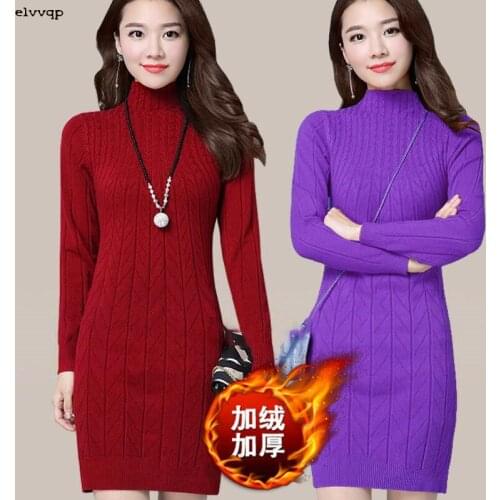 Plus size Winter Velvet Warm Dress Turtleneck Knitted Sweater Dress Fashion Women Slim Elasticity Dress Pullover Female Autumn