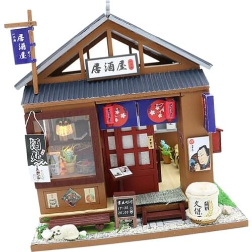 1/24 Japanese-Style Assembled Wooden Dollhouse DIY Dollhouse Miniatures 3D Izakaya Model with Furniture Kit and LED Lights