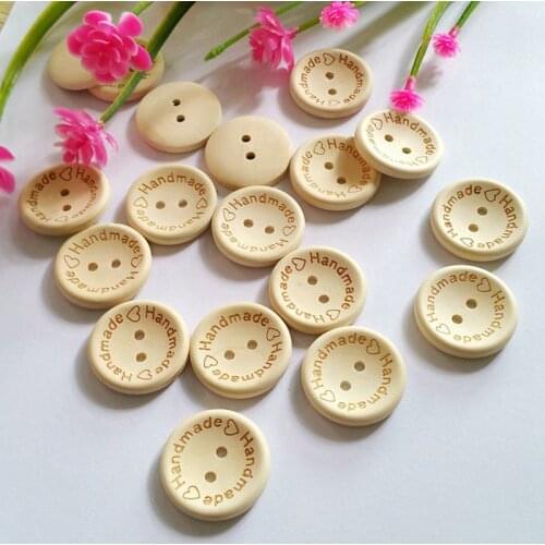 50pcs/lot 25mm round Message "Handmade" Heart wood decorative button 2 holes Sewing wood button flatback Scrapbook