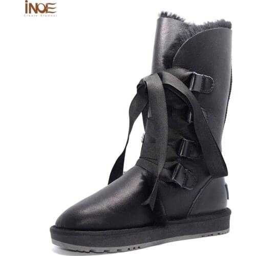 Fashion sheepskin leather sheep wool fur lined women winter snow boots for lady lace-up boots black waterproof non-slip