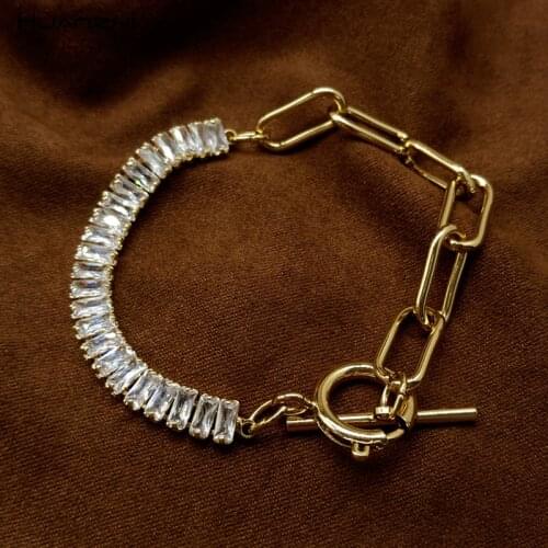 HUANZHI 2020 New Trendy Vintage Metal Geometric Chain Stitching Zircon OT Buckle Bracelet for Women Girls Party Jewelry Gifts