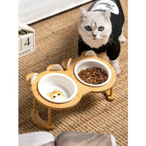 Cat Double Bowl Ceramics Pet Food With Anti-Slip Brackets Cat Water Bowl Dog Feeder Pet Supplies Product Accessories