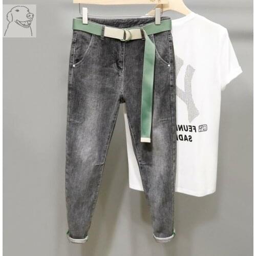 Denim Jeans mens summer thin section loose trend casual slightly broken smoky gray simple casual small feet ankle length pants