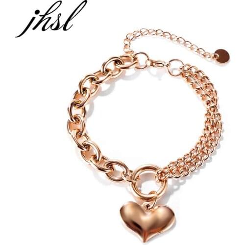 JHSL Women Heart Charm Bracelets Fashion Jewelry Silver Rose Gold Color Stainless Steel Girlfriend Gift Female Bangles